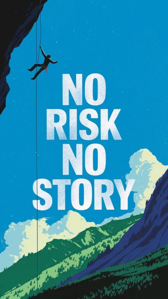 Silhouette of a climber on a cliff with the motivational quote No Risk, No Story in bold lettering over a scenic mountain