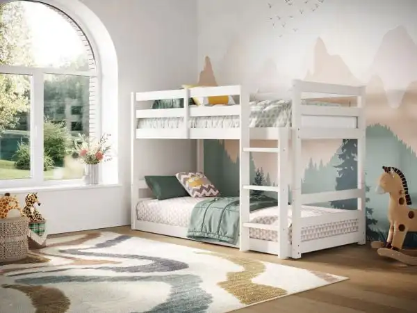 Cozy children's room with a white bunk bed, nature-themed wall art, large window, plush giraffe, and soft rug, creating a