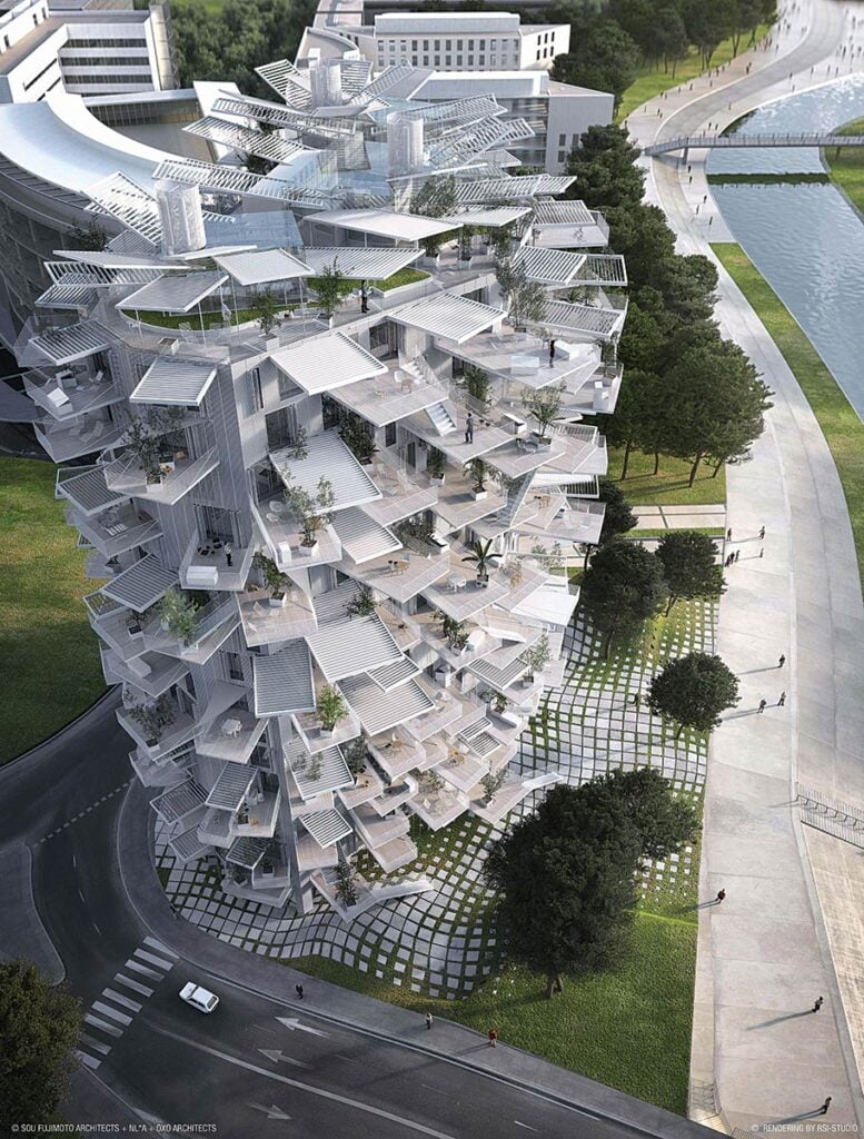 Innovative architectural building with layered terraces and greenery, near a river walkway, blending modern design and