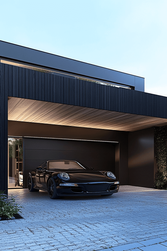 garage-1 Modern house with sleek black car in driveway, featuring minimalist architecture and wooden accents under a clear blue sky. | Sky Rye Design Modern house with sleek black car in driveway, featuring minimalist architecture and wooden accents under a clear blue sky.