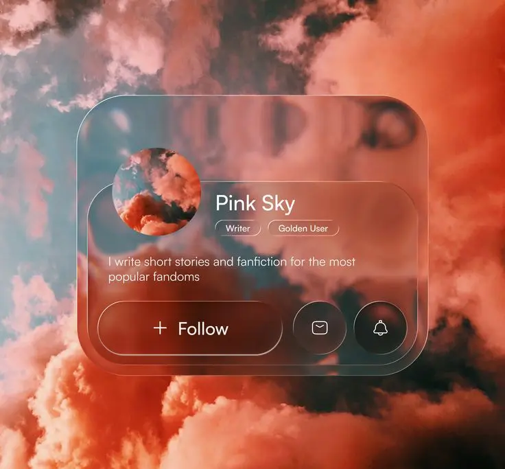 glass 1 Profile card for Pink Sky, a writer specializing in fanfiction. Features an orange and pink sky background with follow button. | Sky Rye Design Profile card for Pink Sky, a writer specializing in fanfiction. Features an orange and pink sky background with follow button.
