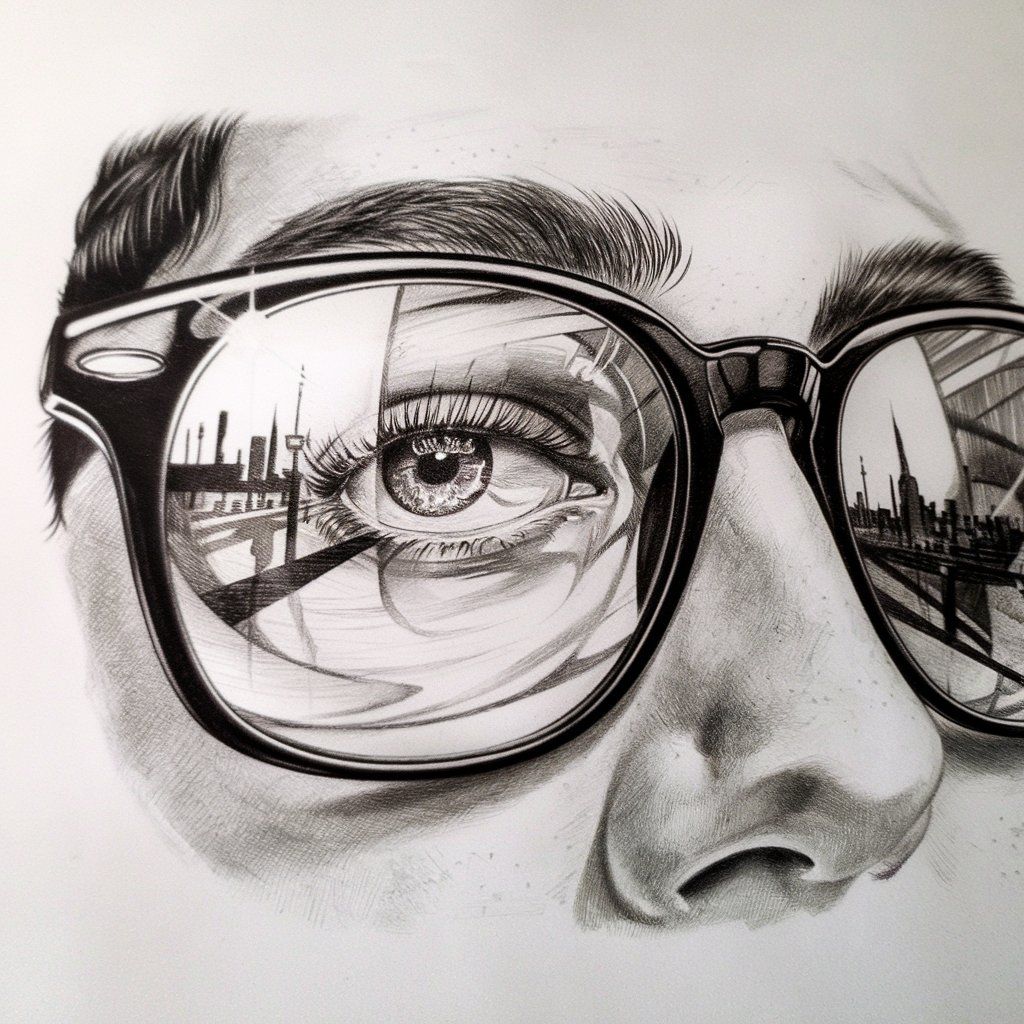 Pencil sketch of a close-up of an eye wearing glasses, reflecting a city skyline, showcasing intricate urban art and creativity.