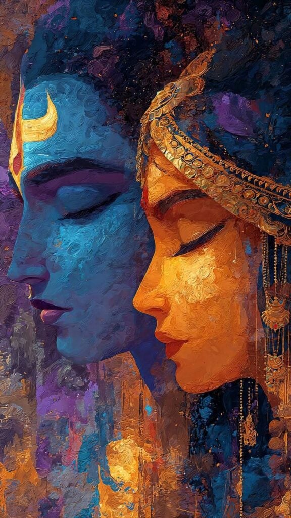 Abstract painting depicting two faces in profile, one blue and one orange, adorned with intricate jewelry and vibrant