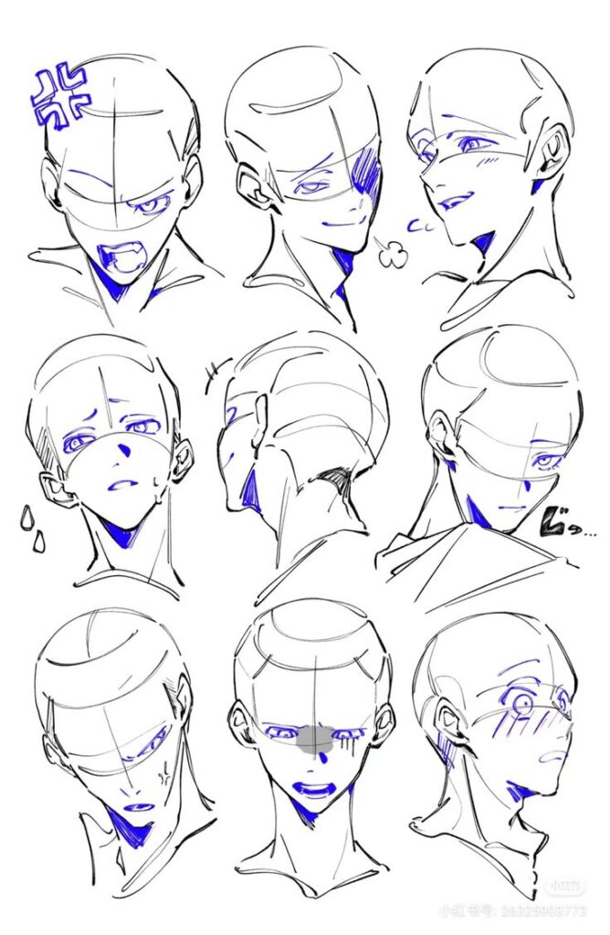 head sketch by momo Animation sketches of a character displaying various emotions, including anger, surprise, and sadness, in a grid layout. | Sky Rye Design Animation sketches of a character displaying various emotions, including anger, surprise, and sadness, in a grid layout.