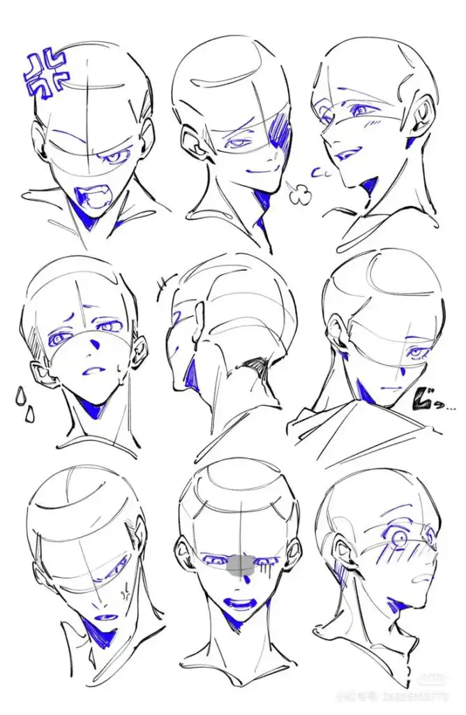 Animation sketches of a character displaying various emotions, including anger, surprise, and sadness, in a grid layout.