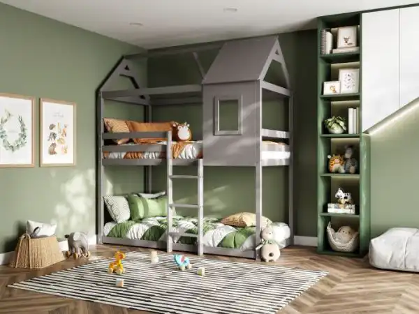 Children's bedroom with a house-shaped bunk bed, green walls, toys, and striped rug for a playful and cozy atmosphere.