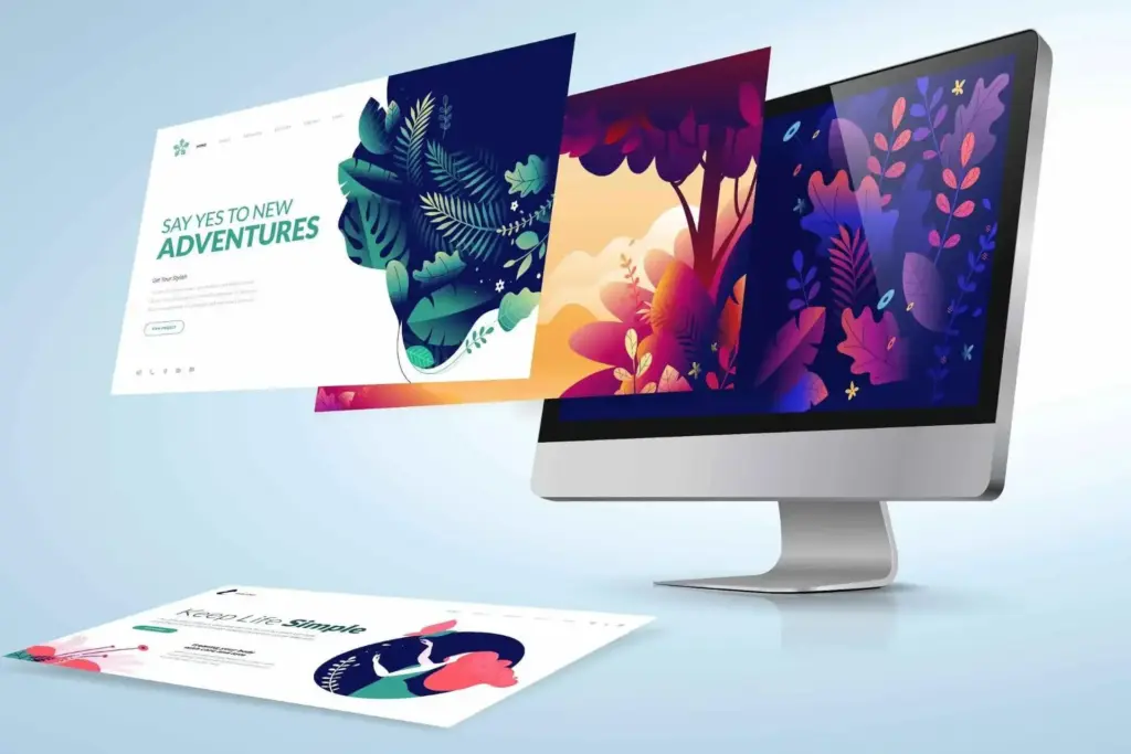 Vibrant digital illustrations on a computer screen showcasing creative web design with colorful nature-themed graphics.