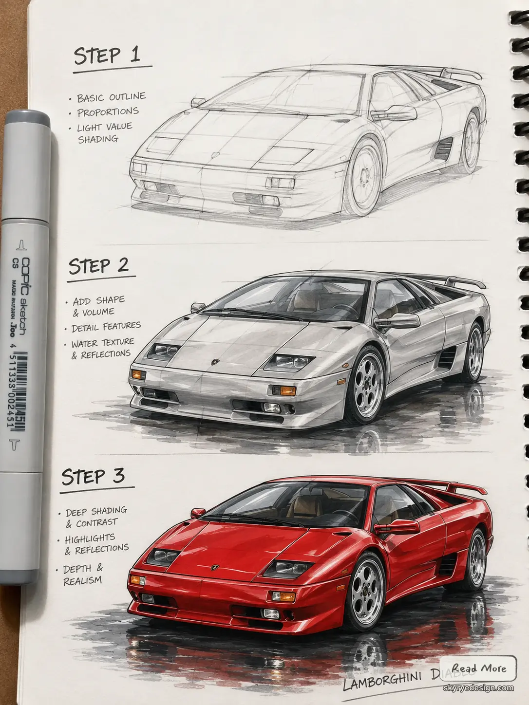 e3606634-0045-41d0-87bb-96f002c2be03 Lamborghini Diablo drawing tutorial: step 1 pencil outline, step 2 shaded rendering, step 3 red sports car illustration | Sky Rye Design Lamborghini Diablo drawing tutorial: step 1 pencil outline, step 2 shaded rendering, step 3 red sports car illustration