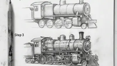 Pencil train drawing tutorial: step-by-step steam locomotive pencil sketches, steps 1-4
