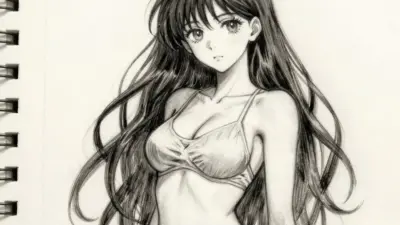 Pencil manga sketch of long-haired anime woman in a bralette, detailed shading and flowing hair on spiral-bound sketchbook.