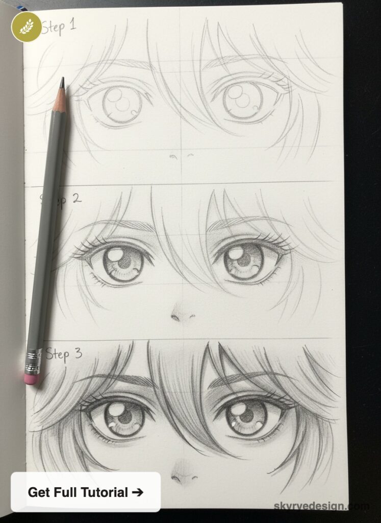 Anime eye drawing tutorial: three-step pencil sketches showing progression of manga-style eyes and hair on sketchbook.