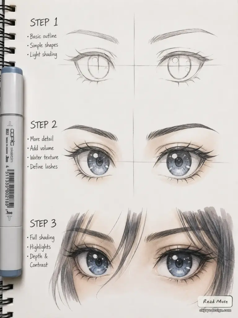anime-tutorial-woman-eyes-3 Three-step anime eye tutorial: basic sketch, add volume and lashes, full shading and highlights for blue eyes | Sky Rye Design Three-step anime eye tutorial: basic sketch, add volume and lashes, full shading and highlights for blue eyes