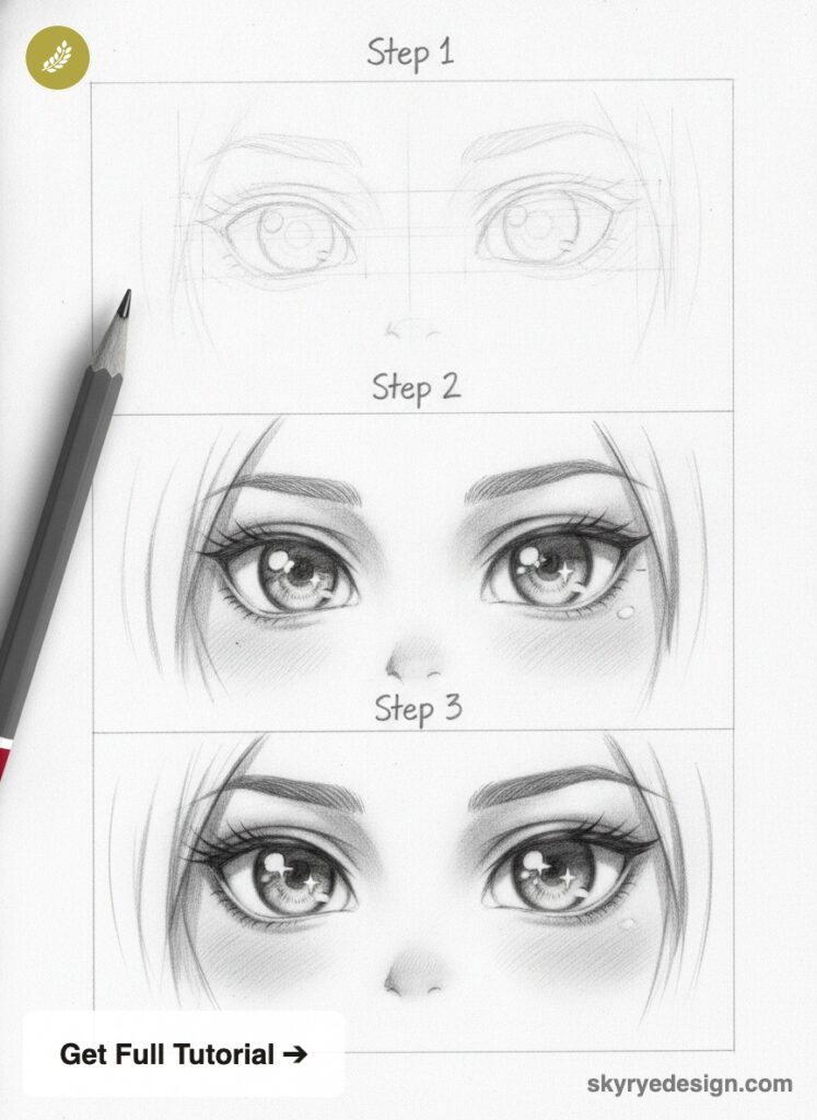 anime-tutorial-woman-eyes Pencil tutorial showing step-by-step close-up of three stages for drawing anime/manga eyes | Sky Rye Design Pencil tutorial showing step-by-step close-up of three stages for drawing anime/manga eyes