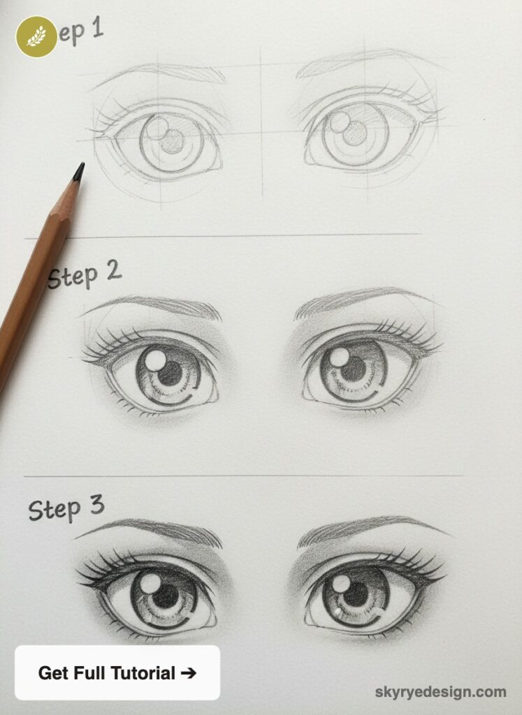 How to draw anime eyes: step-by-step graphite pencil tutorial showing three stages from sketch to shaded manga-style eyes