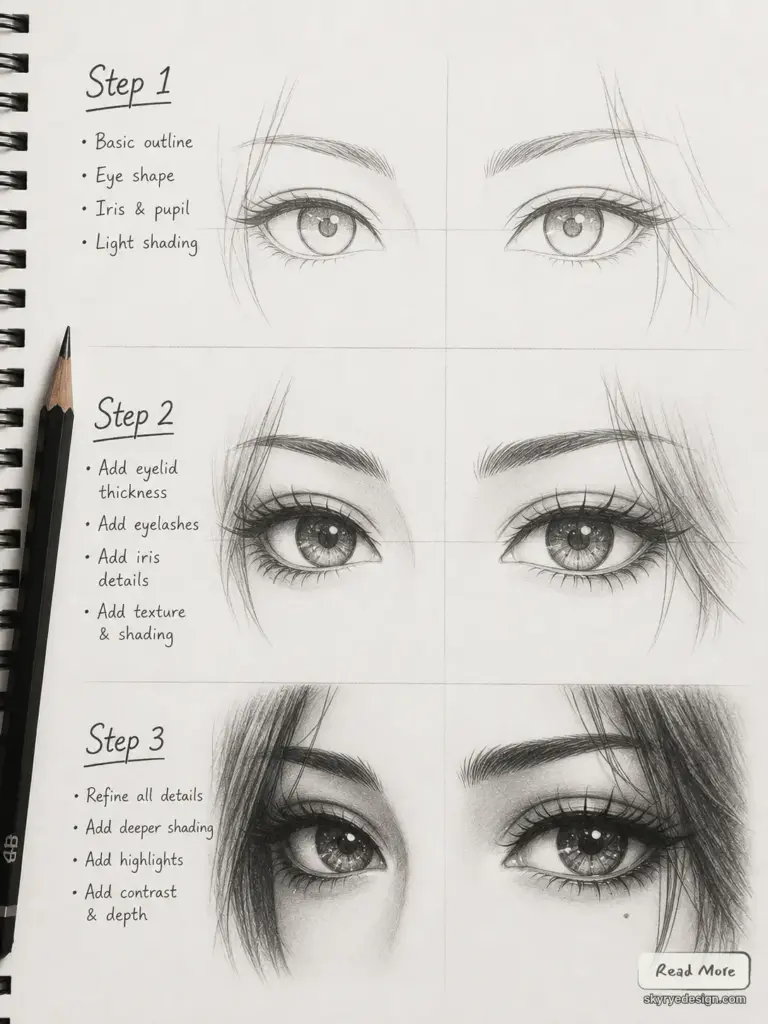 anime-tutorial-woman-eyes-2 Three-step eye drawing tutorial in a spiral notebook: Step 1 shows basic outline and iris shading, Step 2 adds eyelid thickness and lashes, Step 3 refines detail with deeper shading; left column lists steps and tips, right column displays paired eye sketches at each stage. | Sky Rye Design Three-step eye drawing tutorial in a spiral notebook: Step 1 shows basic outline and iris shading, Step 2 adds eyelid thickness and lashes, Step 3 refines detail with deeper shading; left column lists steps and tips, right column displays paired eye sketches at each stage.