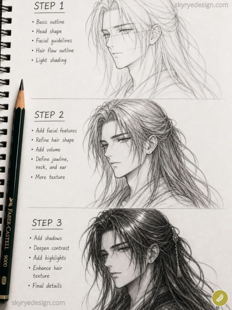 Step-by-step pencil drawing tutorial: three-stage sketch progression of a long-haired male anime character with hair detail