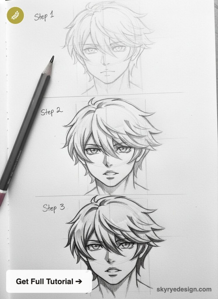 Anime head drawing tutorial: three-step pencil sketch progression illustrating an anime male head step-by-step.
