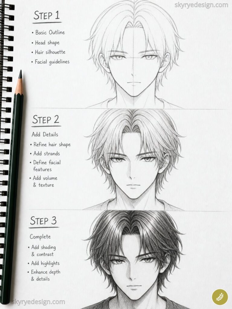 Three-step pencil drawing tutorial of a male manga portrait: outline, added details, and final shaded realistic hair and face.