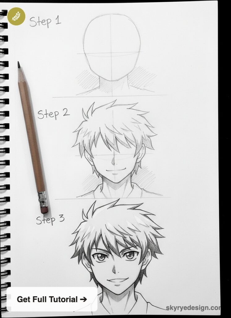 Three-step pencil anime drawing tutorial showing male manga head progression on a spiral sketchbook.