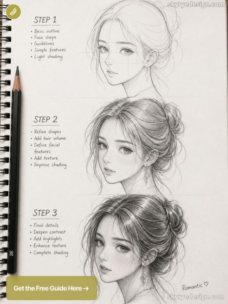 Sketchbook pencil portrait tutorial: three-step progression of a young woman's face and hair with notes.
