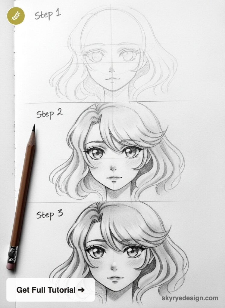 Three-step pencil tutorial: construction lines to detailed shaded manga/anime female face portrait with pencil