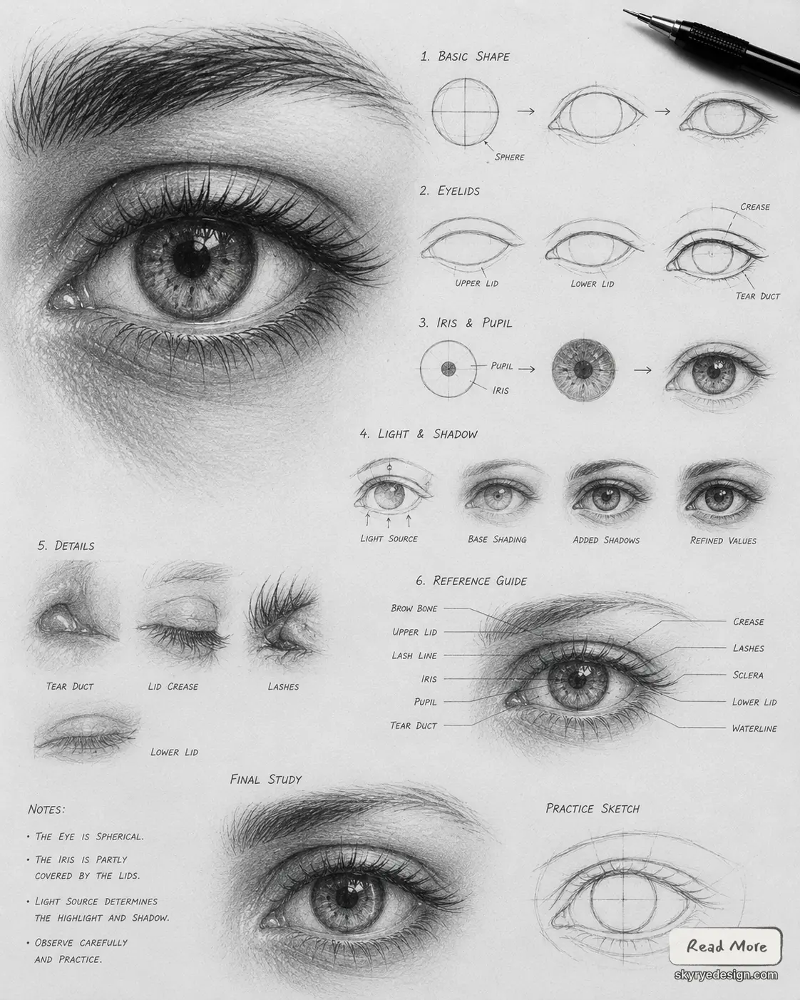 Realistic pencil eye drawing tutorial: step-by-step sketches of eye anatomy, eyelids, iris, shading and lashes.