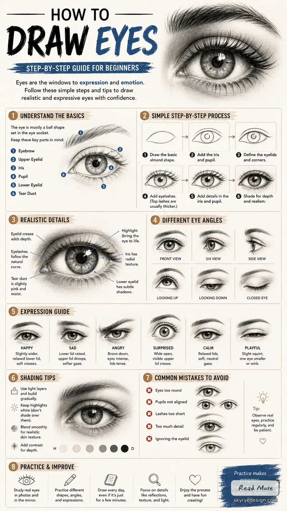 Infographic: How to draw realistic eyes step-by-step guide for beginners with anatomy, angles, expressions and shading tips.