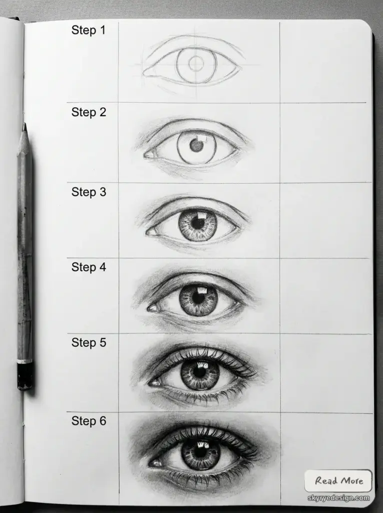 Step-by-step pencil eye drawing tutorial: six stages showing progression from basic outline to realistic shaded eye sketch