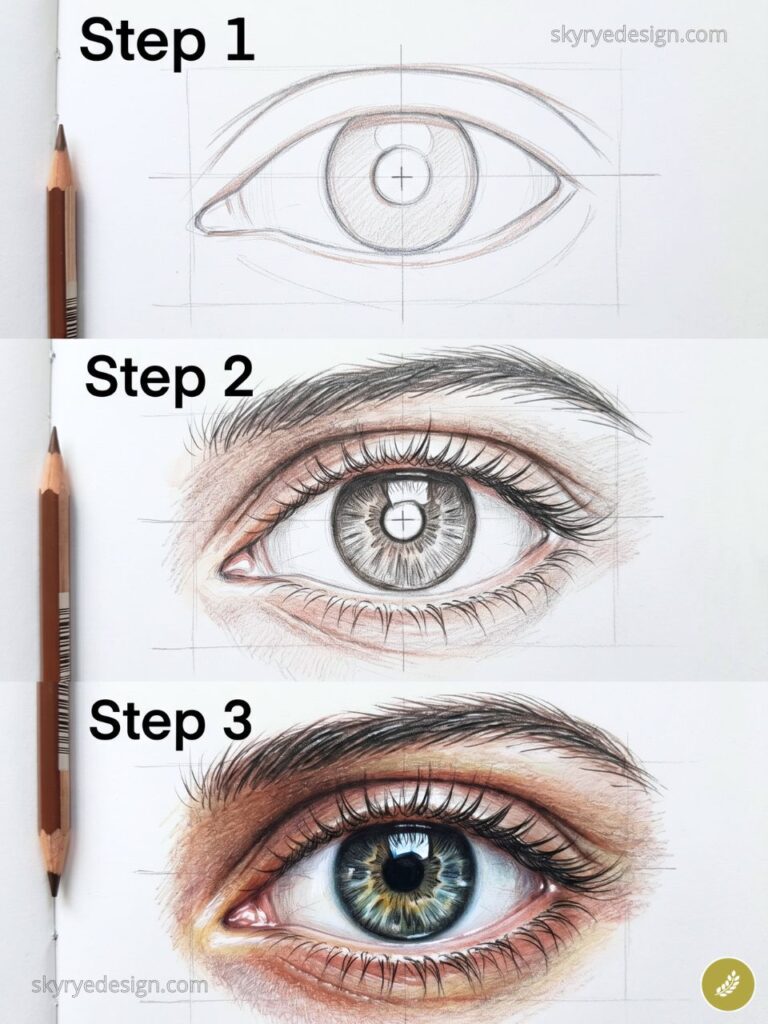 Realistic eye drawing tutorial in three steps: pencil sketch, shading detail, and photorealistic colored-pencil finished eye