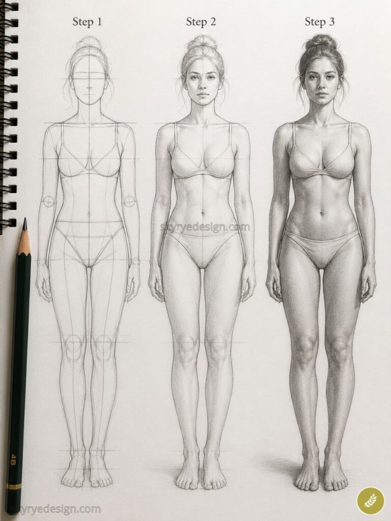 Female figure drawing tutorial: three-step pencil progression from construction lines to fully shaded front view