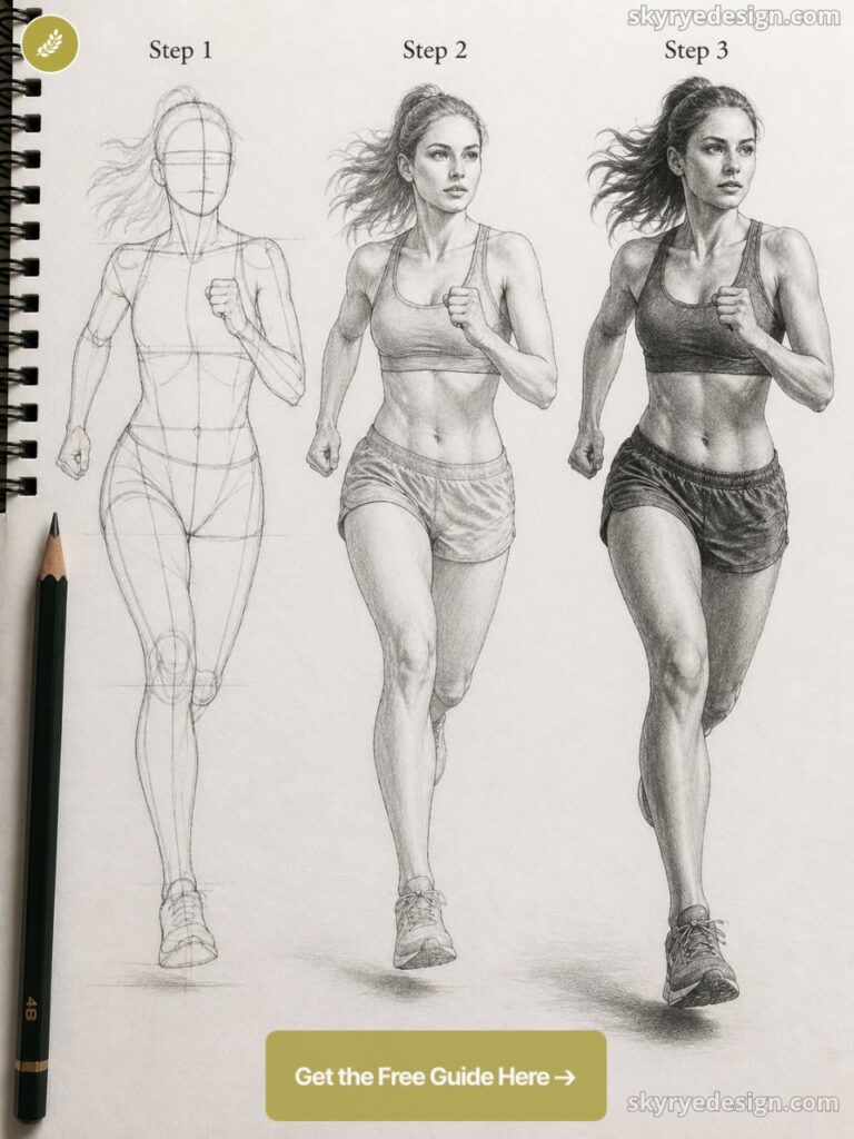 Step-by-step pencil drawing tutorial of a female runner in three stages on a sketchbook with pencil.