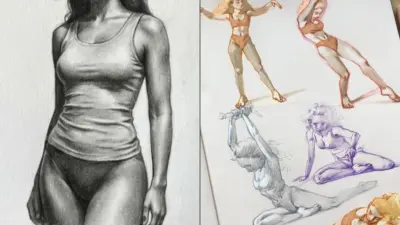 Figure drawing sketchbook: realistic pencil study of woman in tank top and underwear with colored gesture sketches and anatomy studies.