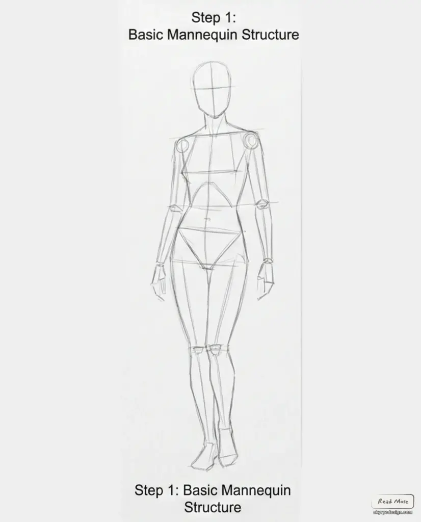Pencil sketch of a front-facing basic mannequin structure for fashion drawing, showing proportional guidelines, joint markers and a Step 1 label.