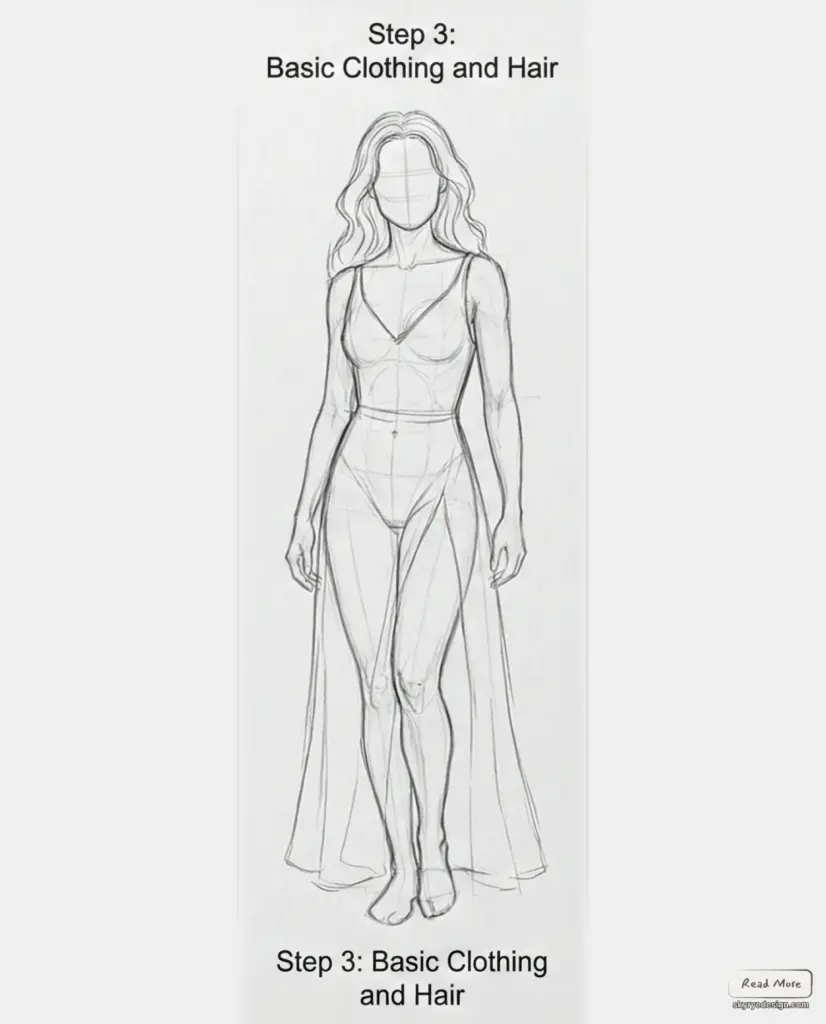 Step 3 figure drawing tutorial: pencil sketch of female figure with basic clothing, long wavy hair and flowing skirt, front view anatomy guides.