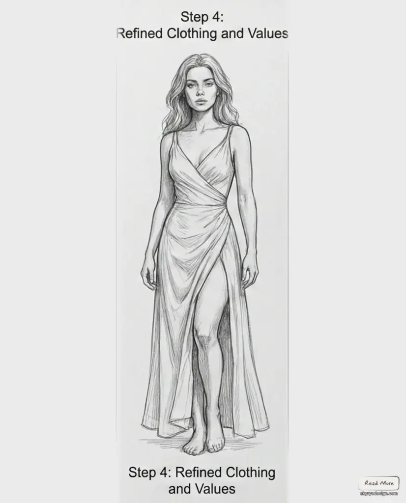 Fashion sketch of a female figure in a refined draped gown with thigh slit, pencil illustration labeled Step 4: Refined Clothing and Values.