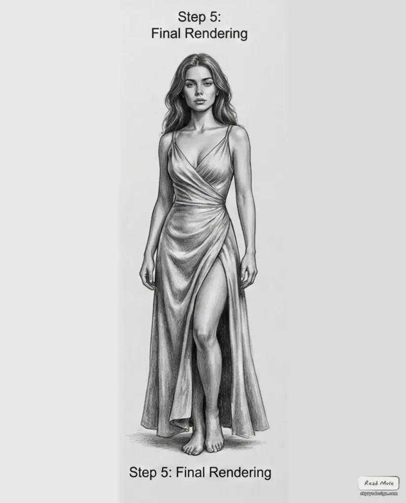 Figure drawing pencil sketch: final rendering of a woman in a draped gown with a high slit, tutorial illustration.
