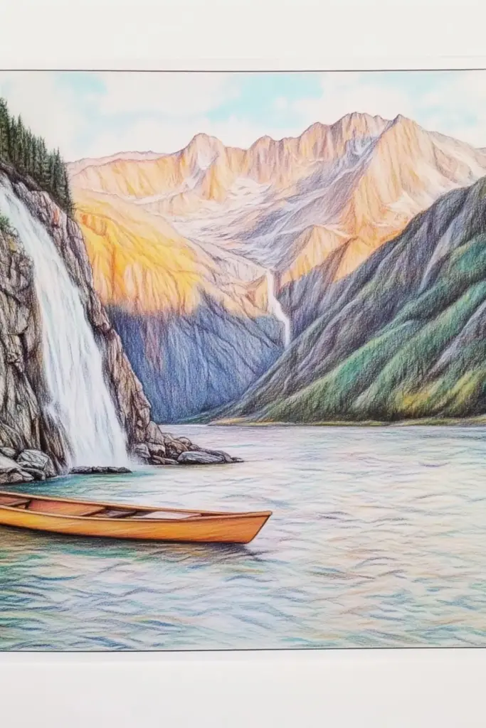 how to draw waterfall 1 Illustration of a tranquil mountain lake with a waterfall and a canoe, set against colorful peaks under a blue sky. Perfect nature escape. | Sky Rye Design Illustration of a tranquil mountain lake with a waterfall and a canoe, set against colorful peaks under a blue sky. Perfect nature escape.