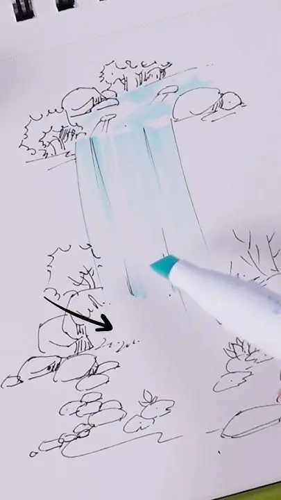 how to draw waterfall Sketch of a waterfall with a blue marker touch-up, featuring rocks and trees in a serene landscape. | Sky Rye Design Sketch of a waterfall with a blue marker touch-up, featuring rocks and trees in a serene landscape.