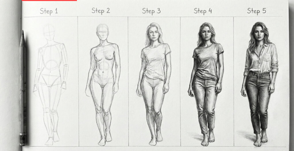Step-by-step drawing tutorial of a female figure, progressing from basic sketch to detailed realism, pencil and paper shown.