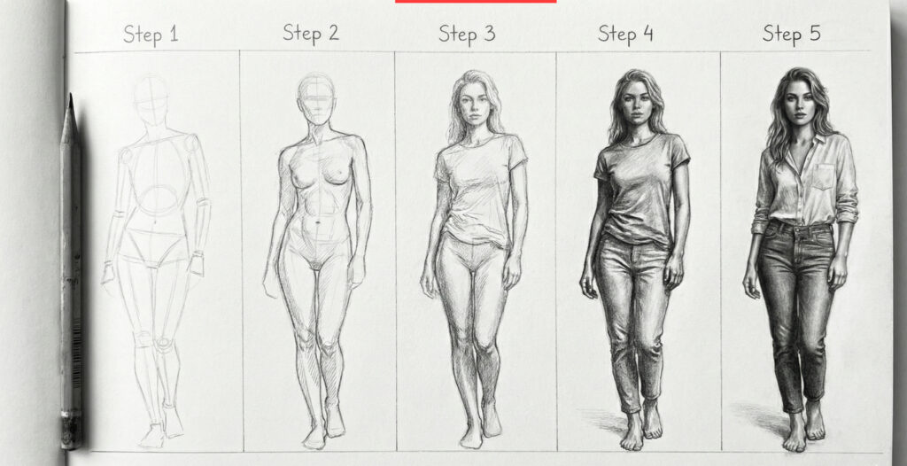 Progression of a female figure drawing from sketch to detailed realism in five steps, showcasing artistic development with a pencil.