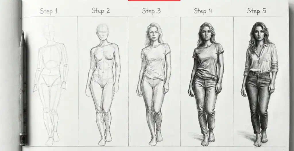 Progression of a female figure drawing from sketch to detailed realism in five steps, showcasing artistic development with a pencil.