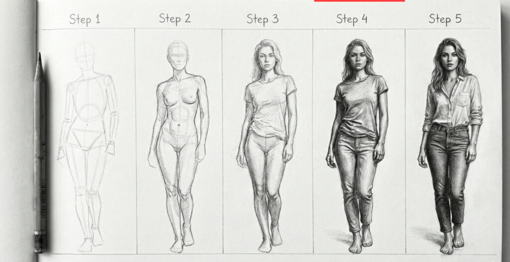 Five-step pencil drawing tutorial of a woman, from basic sketch to detailed realism, with a pencil on the side for scale.