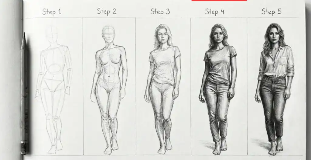 Five-step pencil drawing tutorial of a woman, from basic sketch to detailed realism, with a pencil on the side for scale.