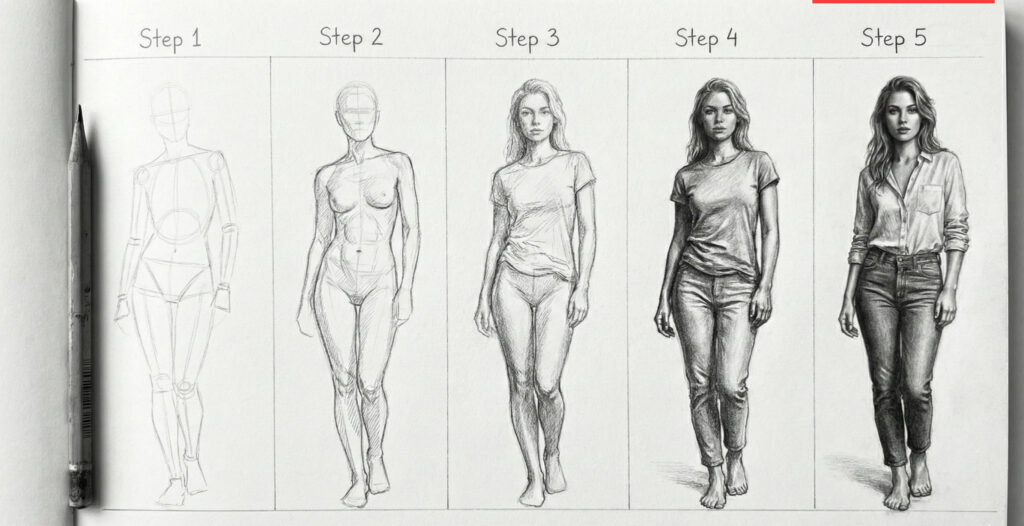 Five-step drawing tutorial of a woman, from basic sketch to detailed realism, showing progressive enhancement in detail and shading.