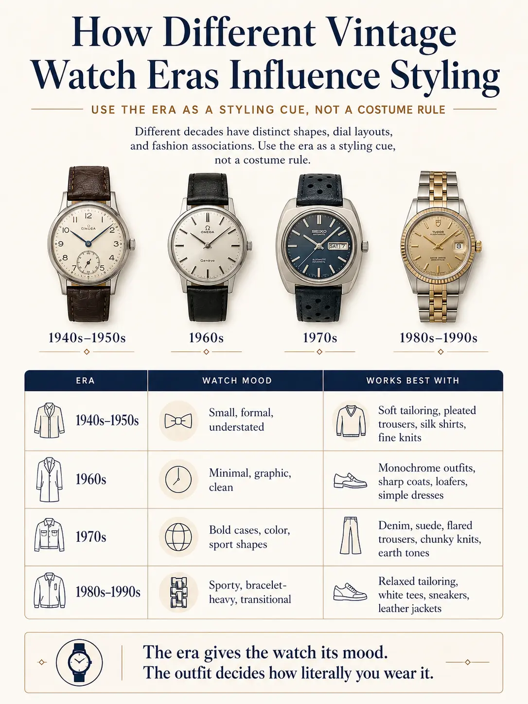 Vintage watch styling infographic: how 1940s–1990s watch eras influence styling, watch photos, moods and outfit pairings.