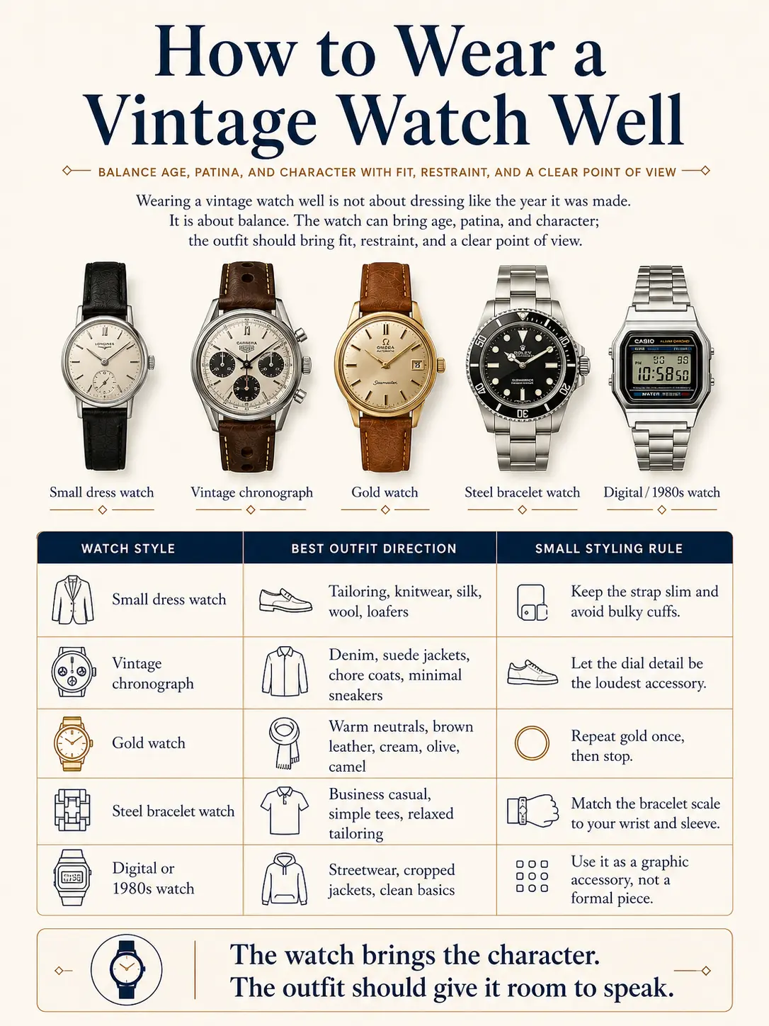 Infographic: How to wear vintage watches — small dress, chronograph, gold, steel, digital with outfit and styling tips