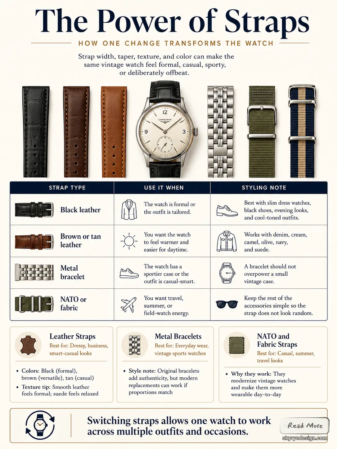 Row of watch straps (black, brown, tan leather, metal bracelet, NATO) with a guide comparing strap types, uses, and styling notes.