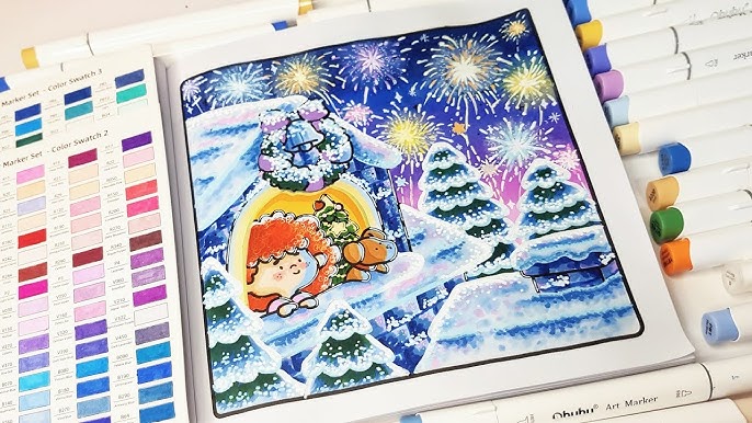 hq720-1 Colorful winter scene illustration with fireworks, featuring a cozy house, snow-covered trees, and a character by the window, surrounded by markers. | Sky Rye Design Colorful winter scene illustration with fireworks, featuring a cozy house, snow-covered trees, and a character by the window, surrounded by markers.