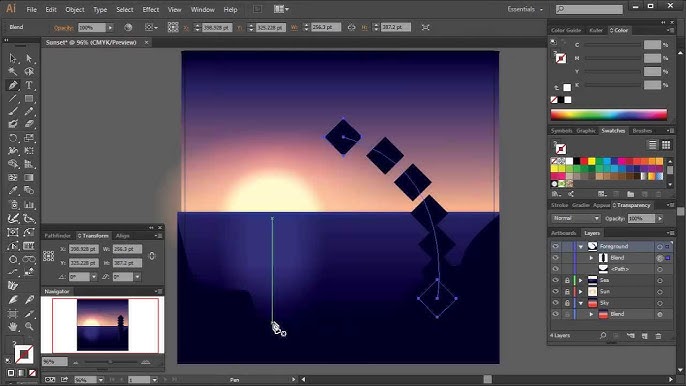 hq720 12 Illustrator workspace featuring digital artwork of a geometric sunset, showcasing layers and tools for graphic design and illustration. | Sky Rye Design Illustrator workspace featuring digital artwork of a geometric sunset, showcasing layers and tools for graphic design and illustration.