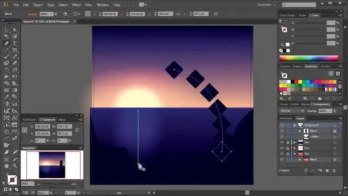 hq720 12 Illustrator workspace featuring digital artwork of a geometric sunset, showcasing layers and tools for graphic design and illustration. | Sky Rye Design Illustrator workspace featuring digital artwork of a geometric sunset, showcasing layers and tools for graphic design and illustration.